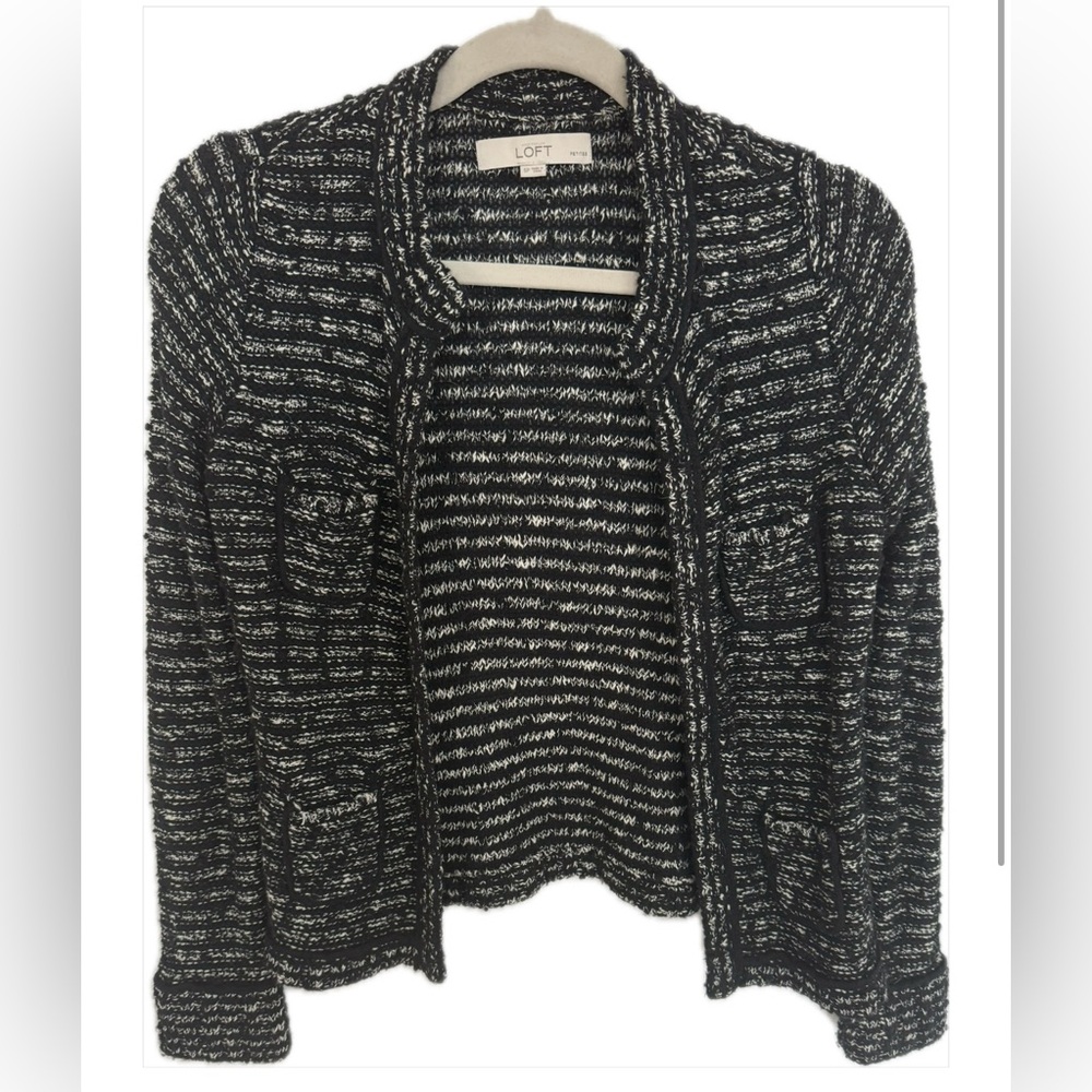 LOFT Black & White Marled Knit Cropped Open Front Cardigan Size S